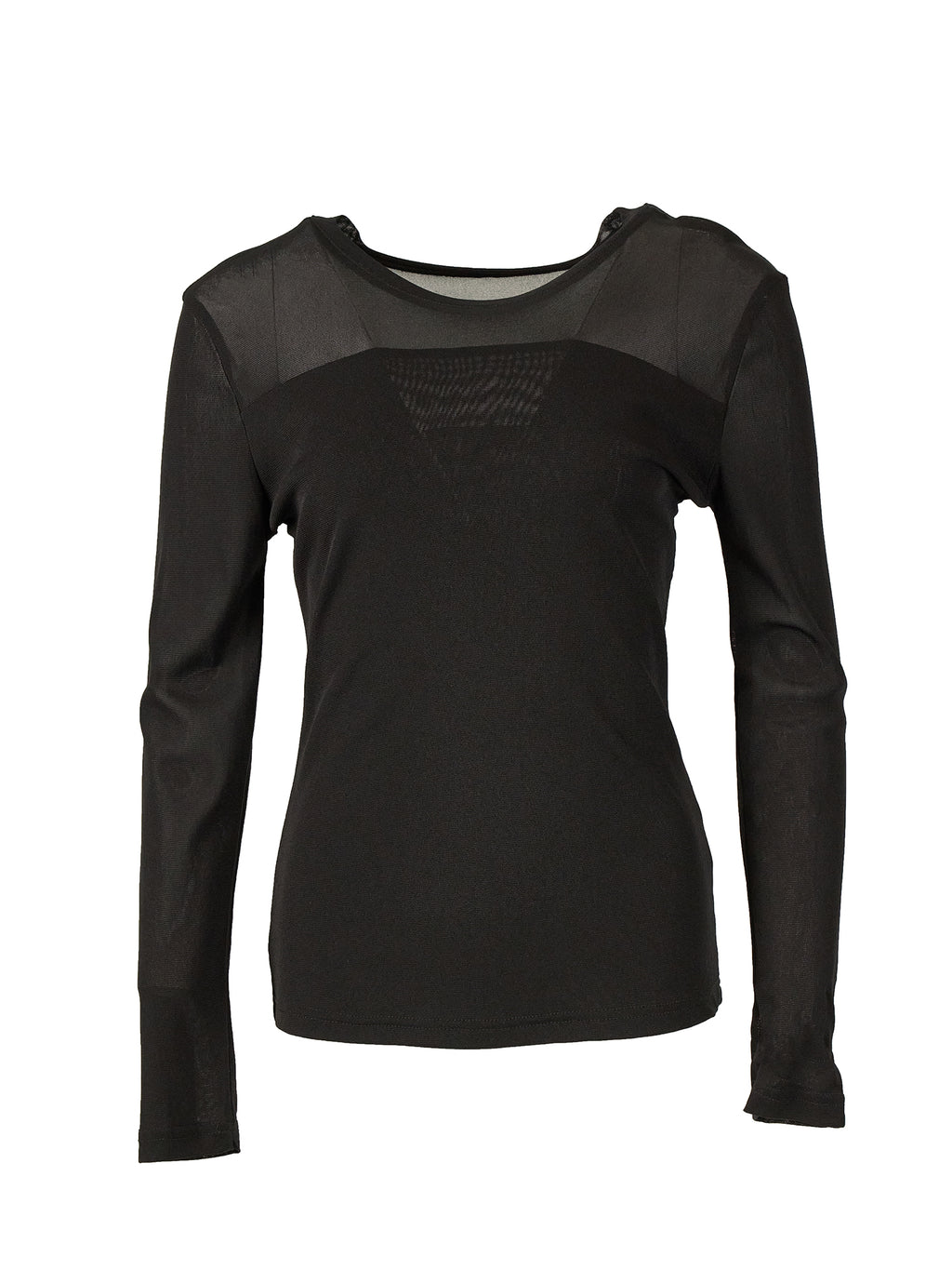 Sheer Panel Scoop Neck Long Sleeve Top - Black