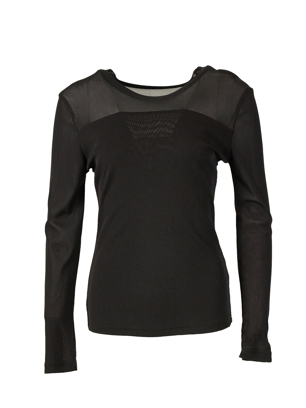 Sheer Panel Scoop Neck Long Sleeve Top - Black