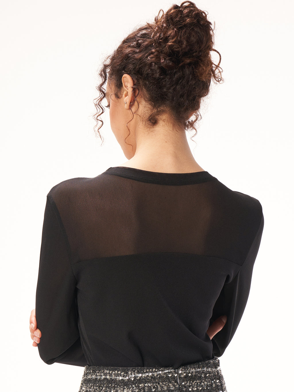 Sheer Panel Scoop Neck Long Sleeve Top - Black