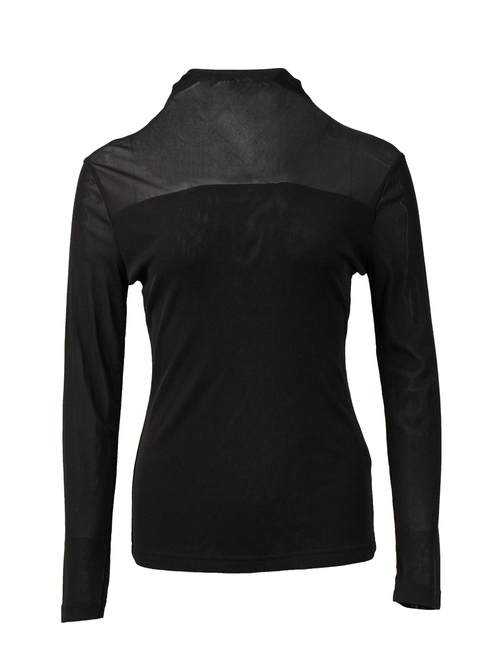 Chic High Neck Sheer Mesh Long Sleeve Top - Black