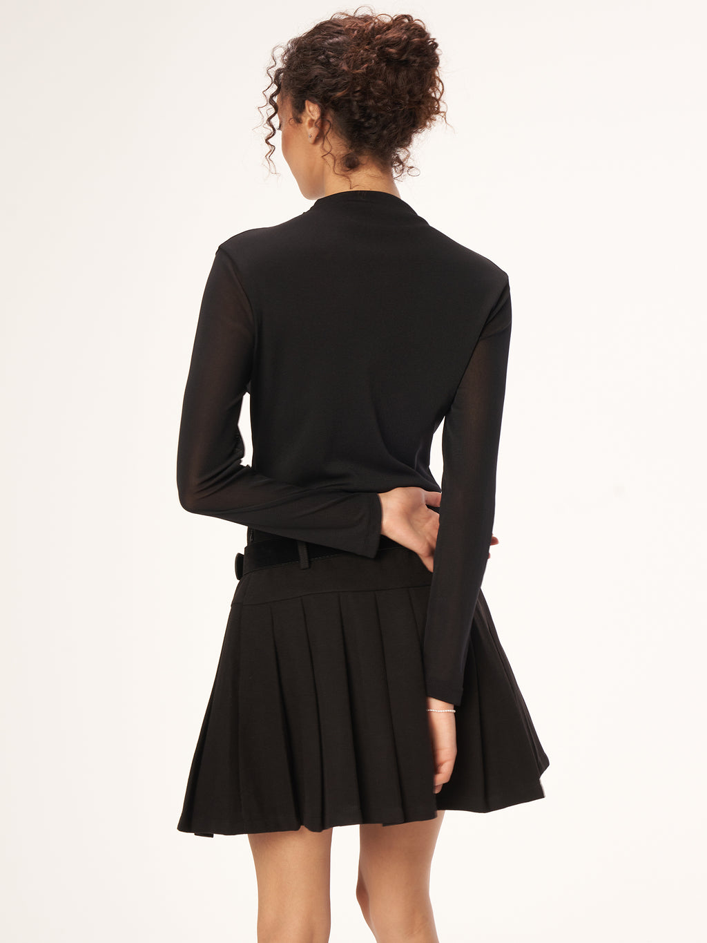 Chic High Neck Sheer Mesh Long Sleeve Top - Black