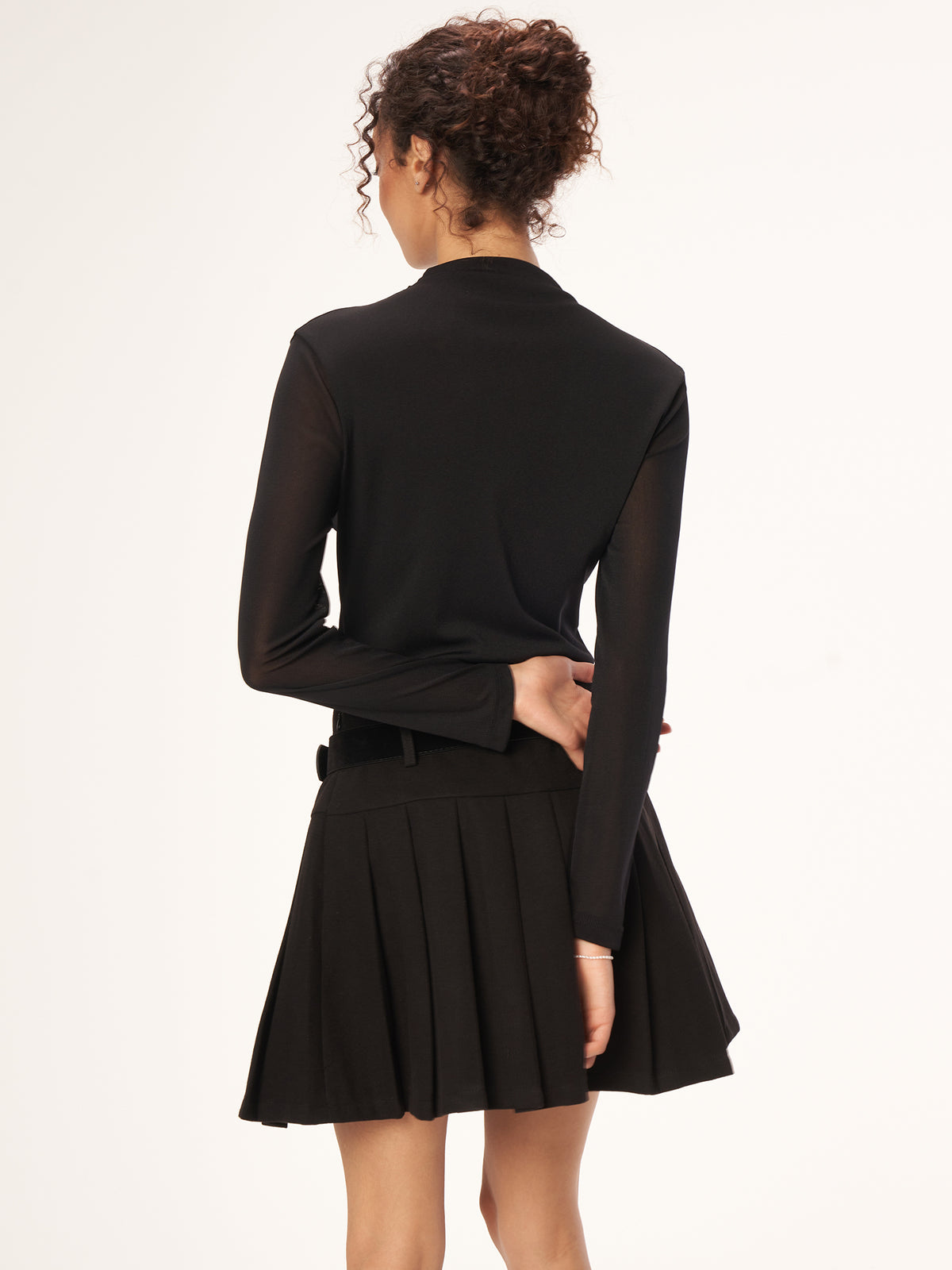 Chic High Neck Sheer Mesh Long Sleeve Top - Black