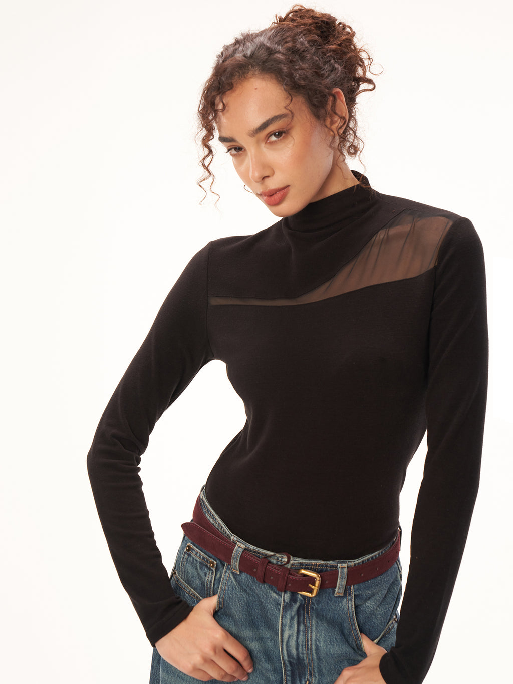 Asymmetric Mesh Panel High Neck Fitted Long Sleeve Top - Black