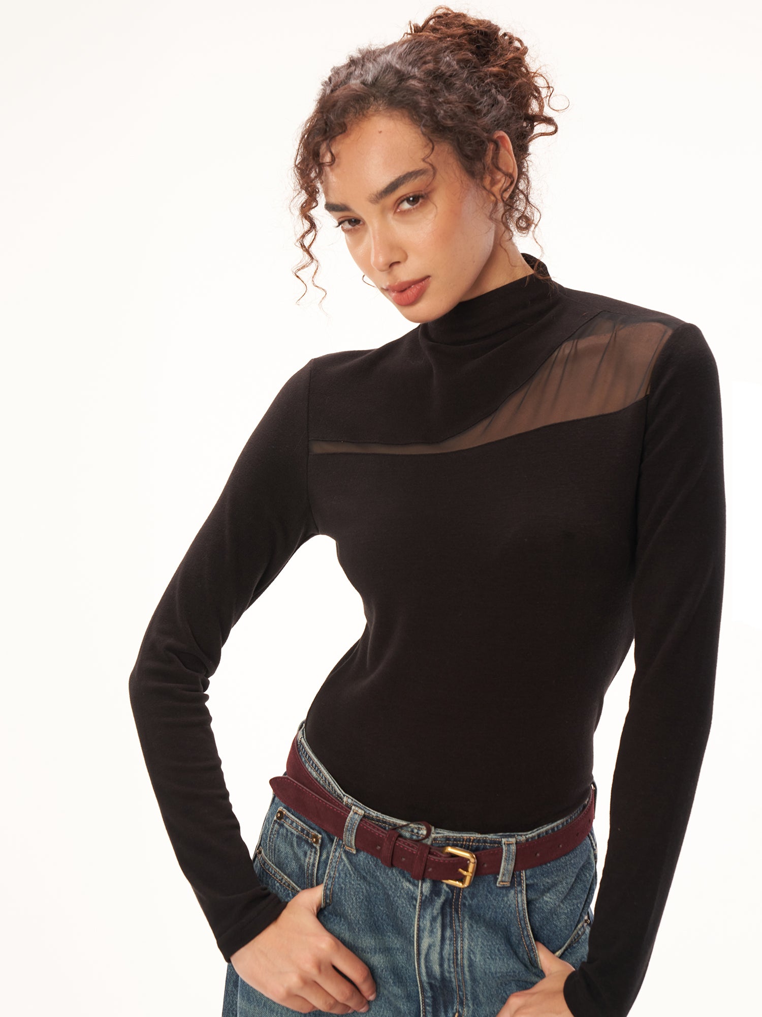 Asymmetric Mesh Panel High Neck Fitted Long Sleeve Top - Black