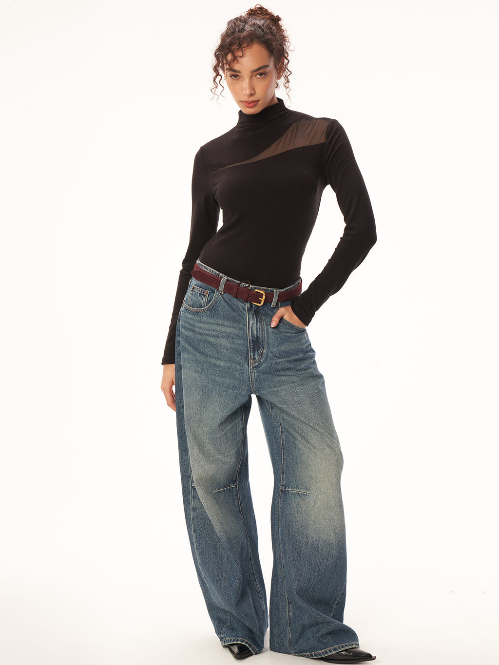 Asymmetric Mesh Panel High Neck Fitted Long Sleeve Top - Black
