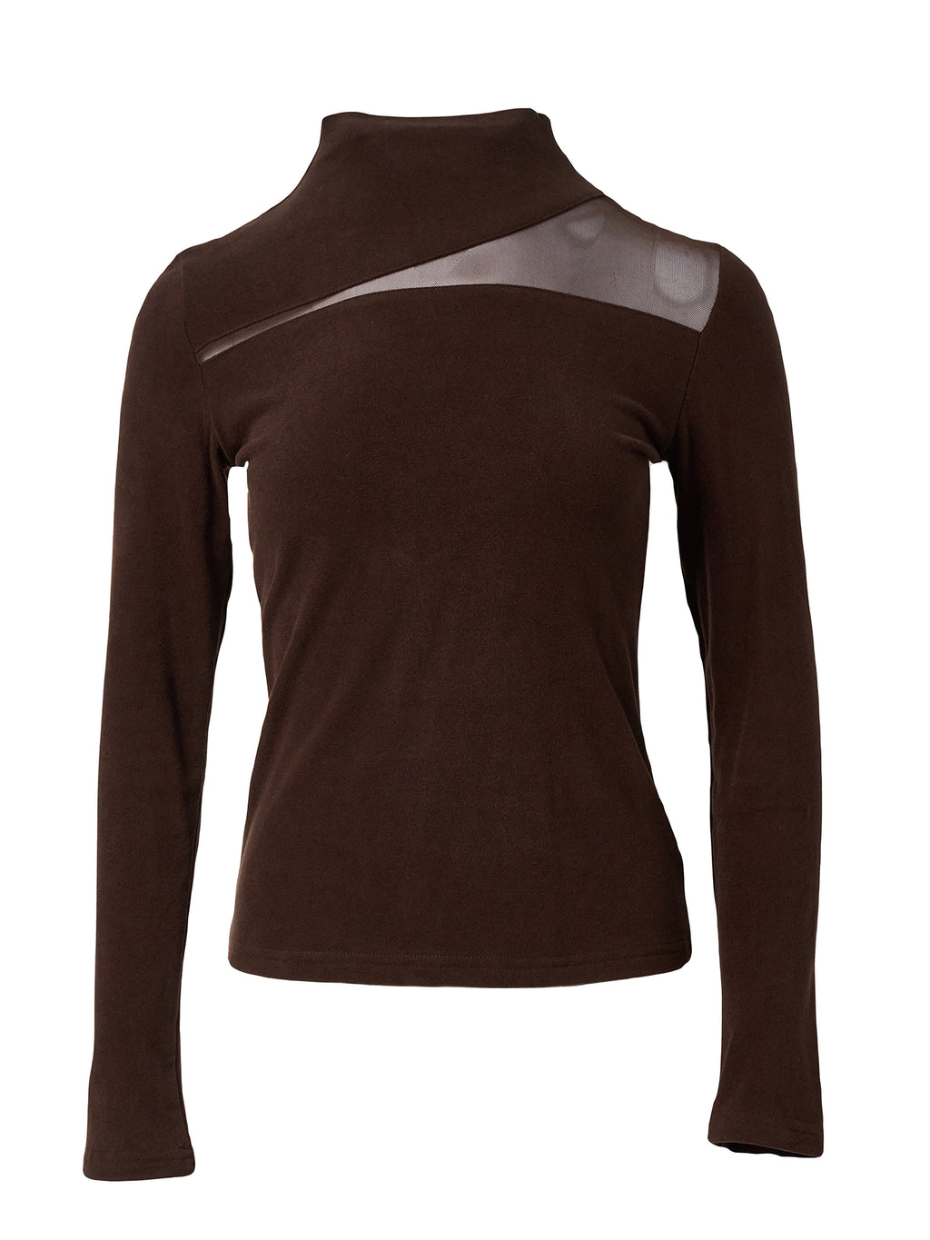 Braunes Langarm Basic Shirt mit halbhohem Kragen, schräger Mesh-Einsatz, figurbetontes Damen Top