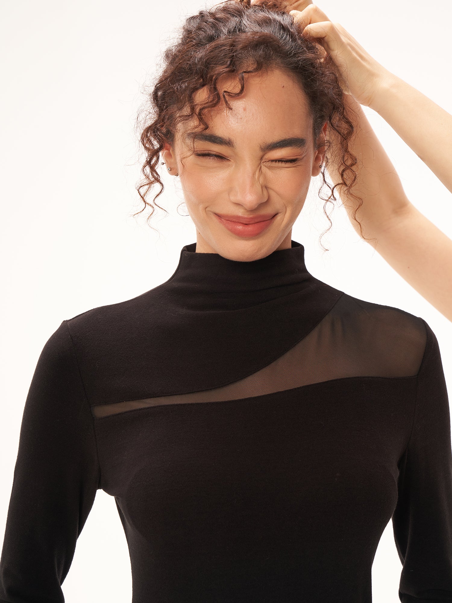 Asymmetric Mesh Panel High Neck Fitted Long Sleeve Top - Black