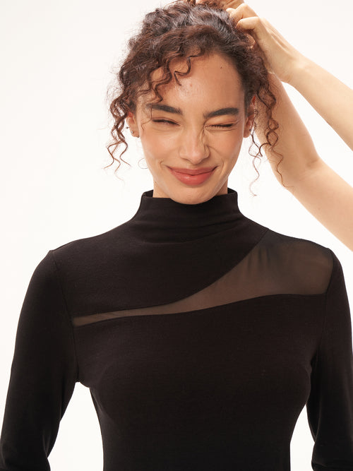 Asymmetric Mesh Panel High Neck Fitted Long Sleeve Top - Black