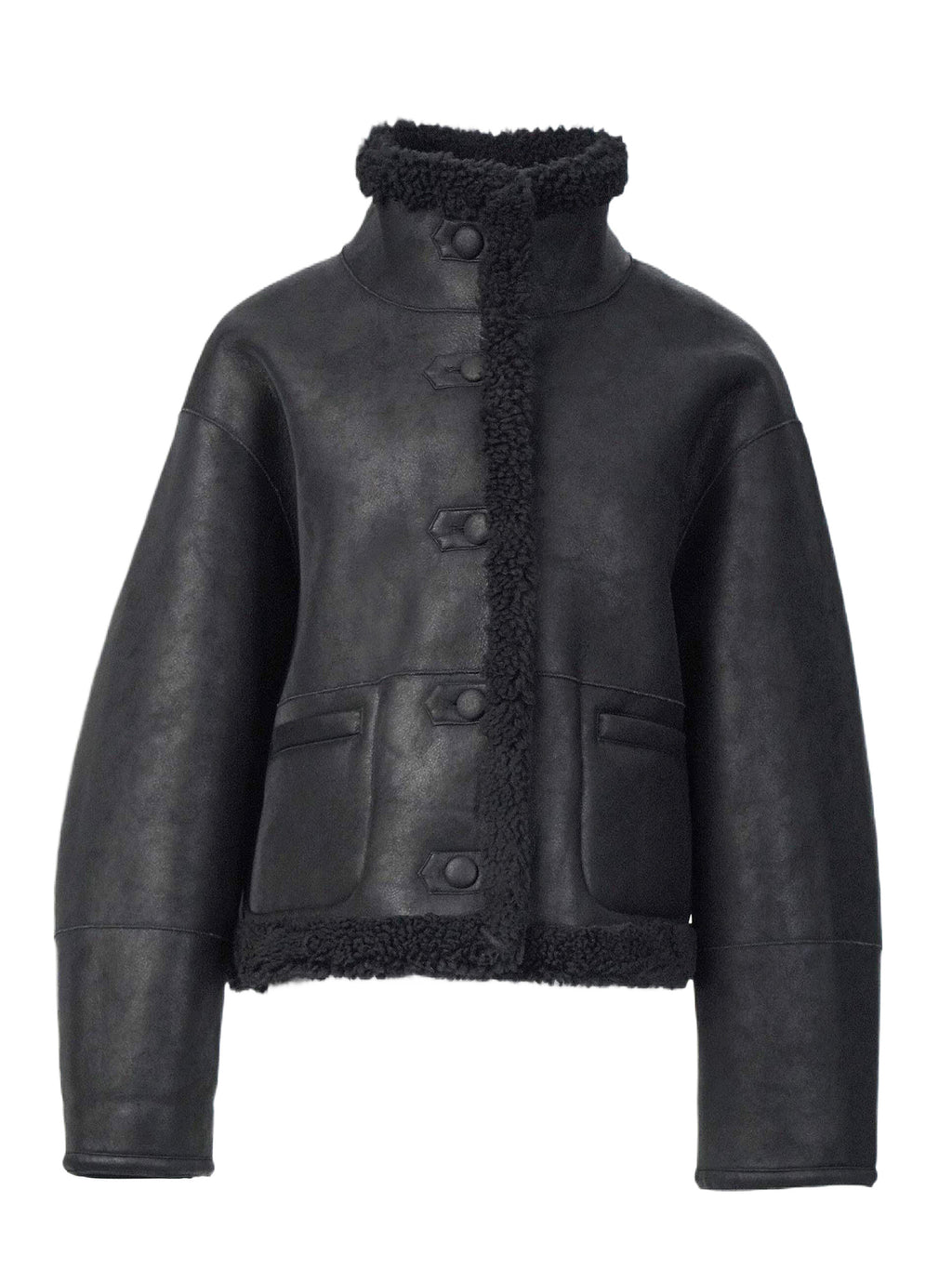 Schwarze Wendejacke aus Kunstleder mit Teddyfleece-Kragen, kurze Winterjacke mit Knopfleiste, Einheitsgröße F