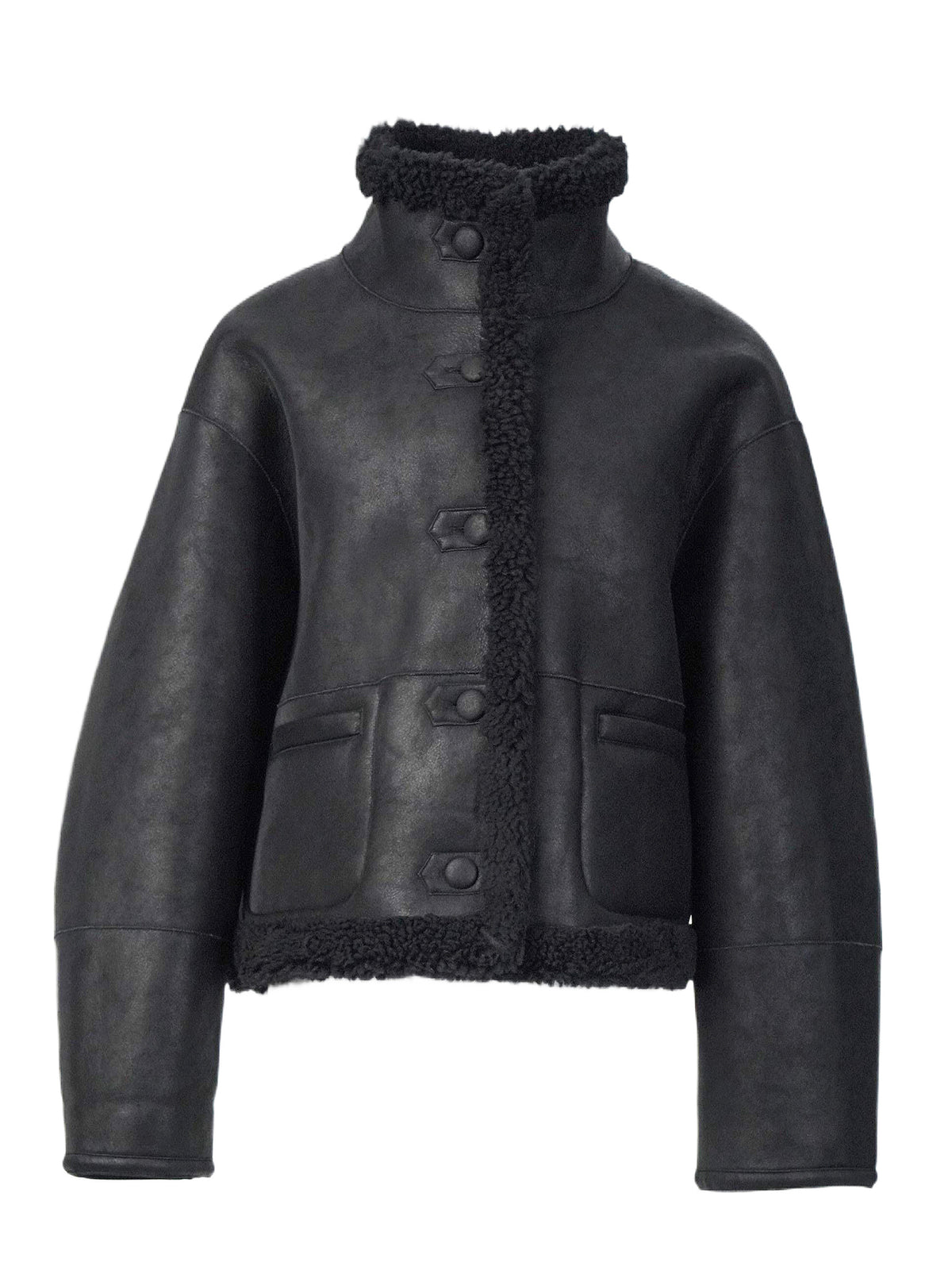Schwarze Wendejacke aus Kunstleder mit Teddyfleece-Kragen, kurze Winterjacke mit Knopfleiste, Einheitsgröße F