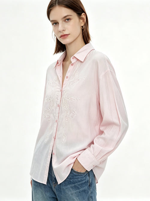 Loose Fit 100% Linen Sequin Detail Shirt - Women's Long Sleeve Lapel Blouse