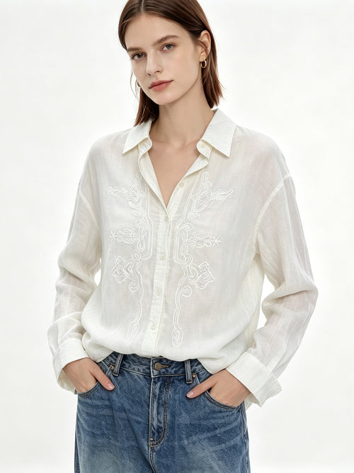 Loose Fit 100% Linen Sequin Detail Shirt - Women's Long Sleeve Lapel Blouse