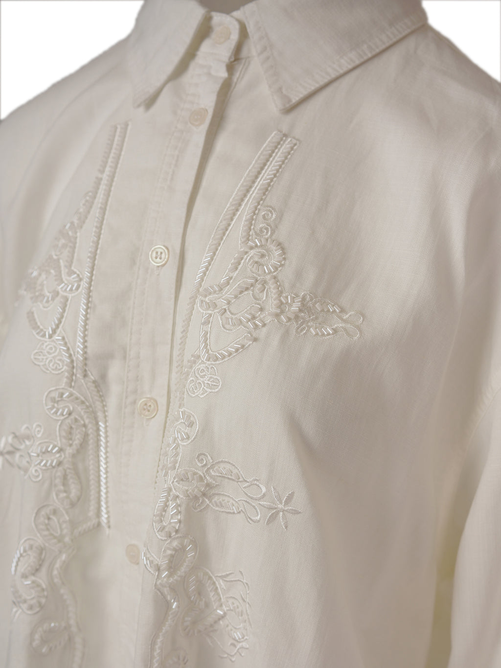 Loose Fit 100% Linen Sequin Detail Shirt - Women's Long Sleeve Lapel Blouse