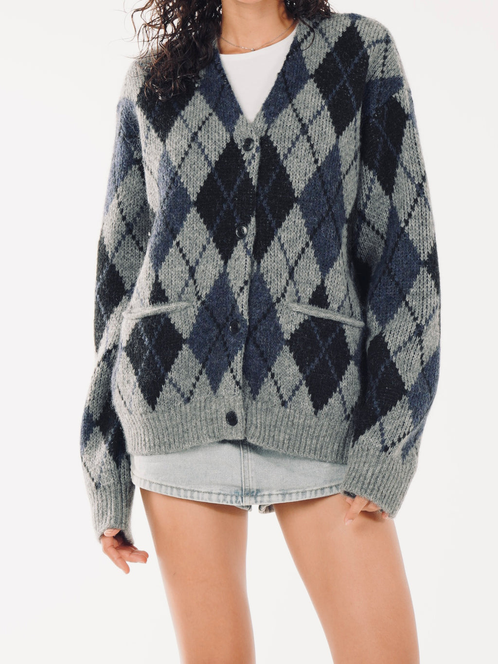 V-neck Mohair Blend Argyle Cardigan - Grey