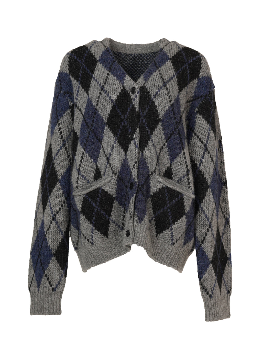 V-neck Mohair Blend Argyle Cardigan - Grey