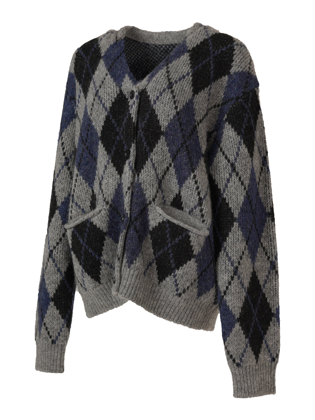 V-neck Mohair Blend Argyle Cardigan - Grey