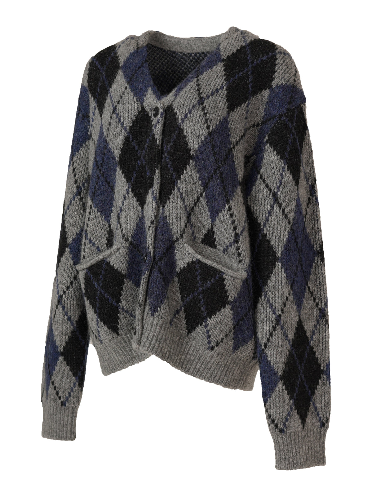 V-neck Mohair Blend Argyle Cardigan - Grey