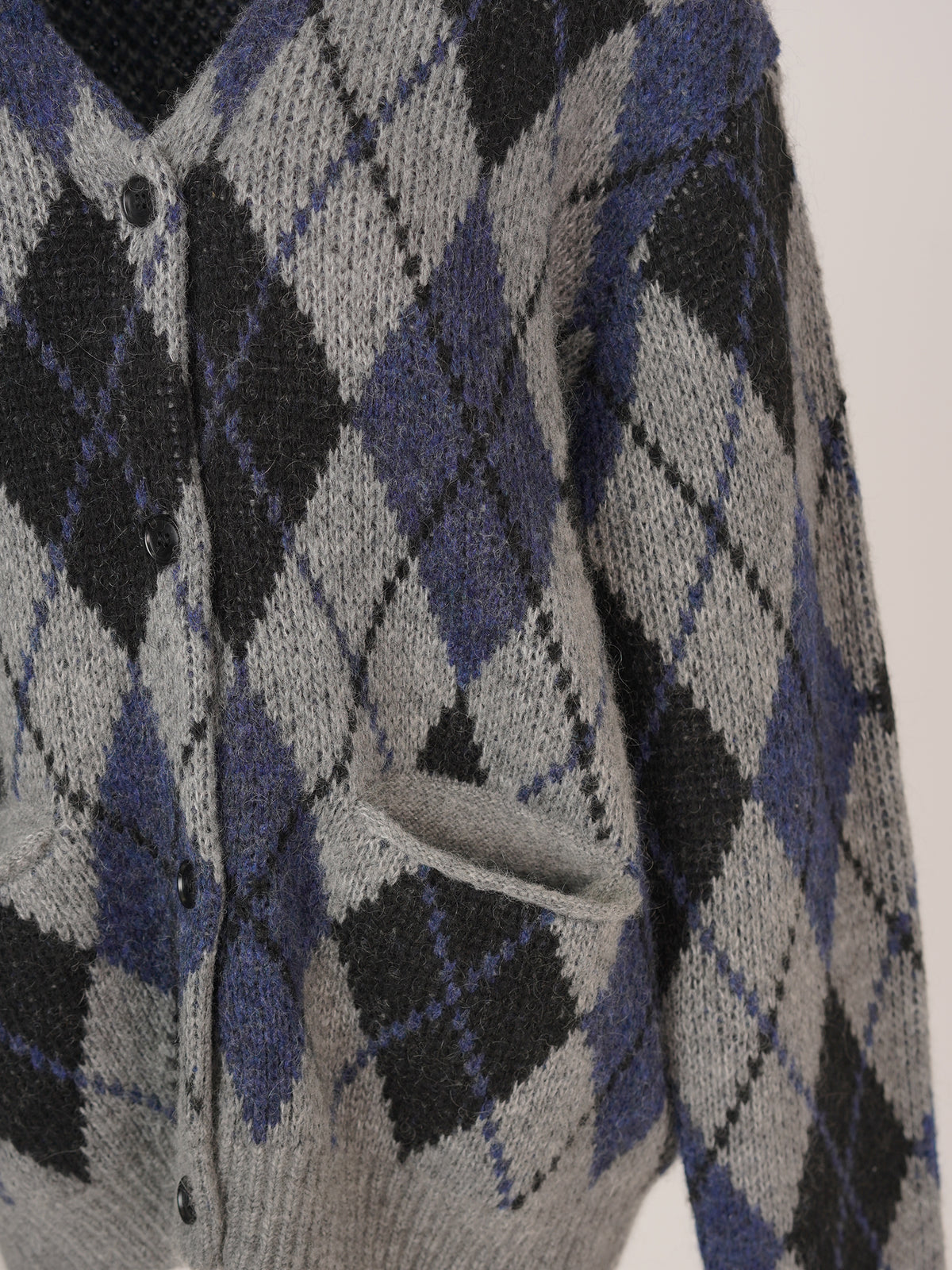 V-neck Mohair Blend Argyle Cardigan - Grey