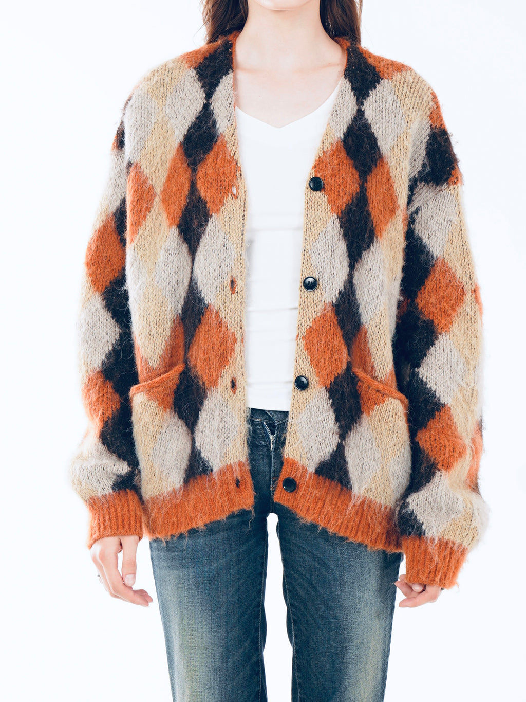 V-neck Argyle Knit Cardigan - Orange