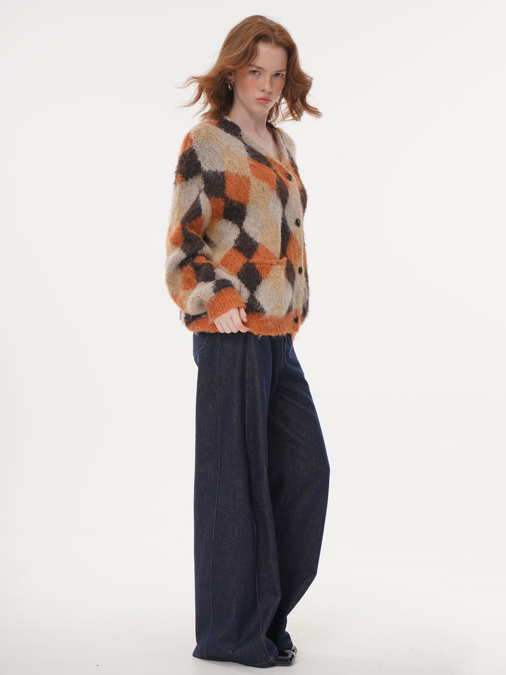 V-neck Argyle Knit Cardigan - Orange