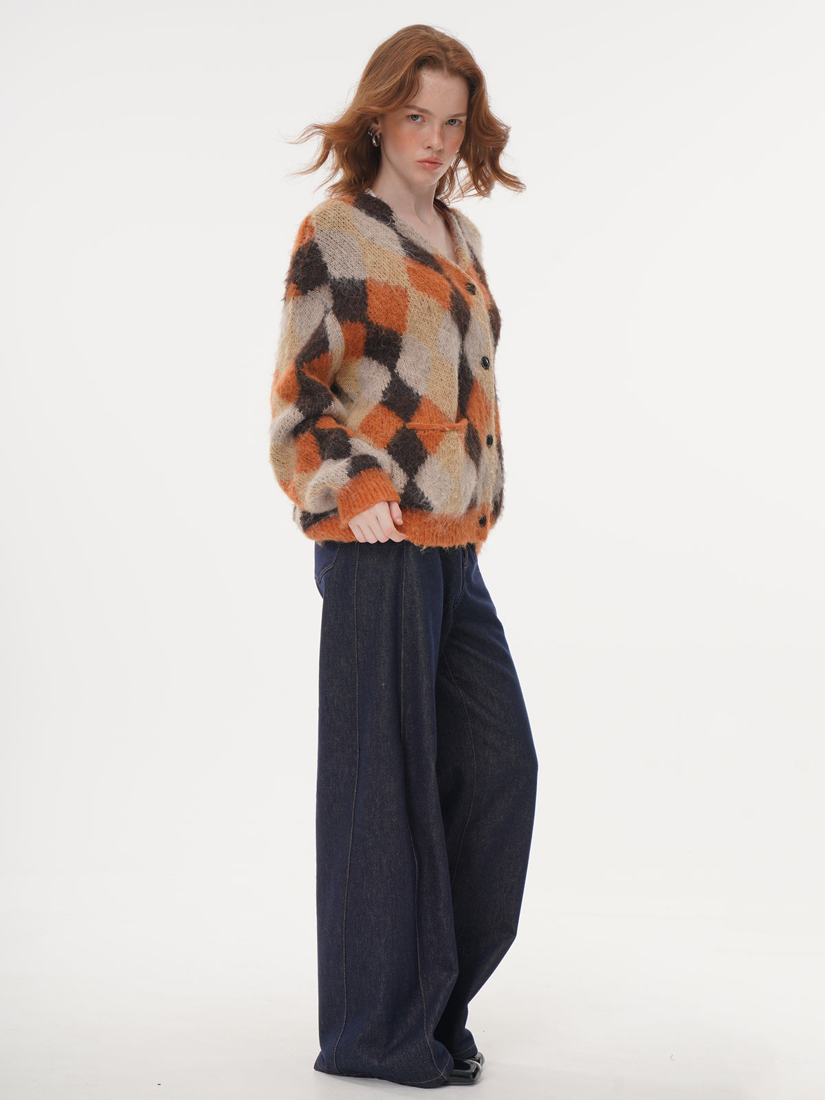 V-neck Argyle Knit Cardigan - Orange