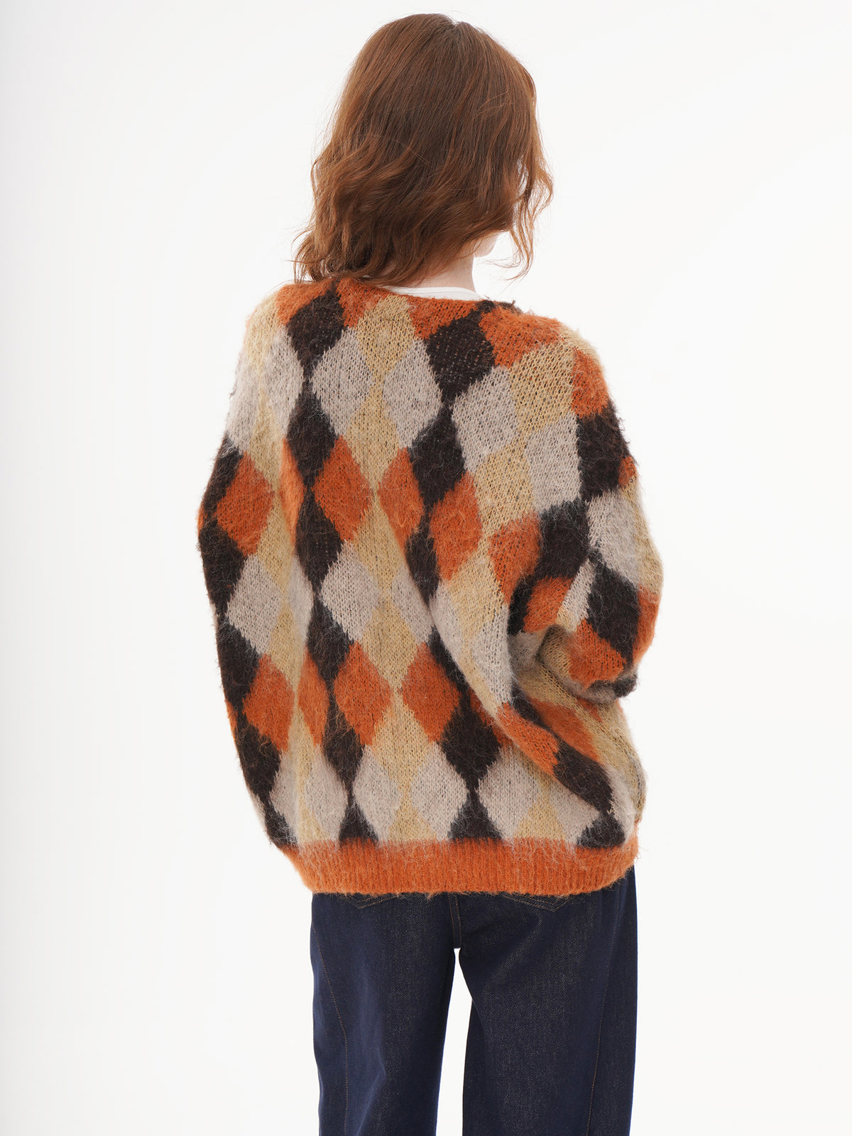 V-neck Argyle Knit Cardigan - Orange