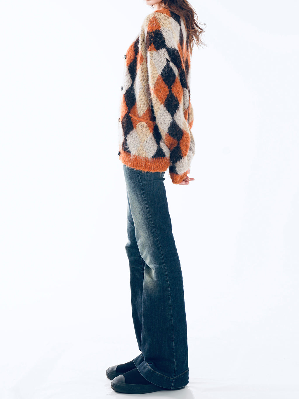 V-neck Argyle Knit Cardigan - Orange
