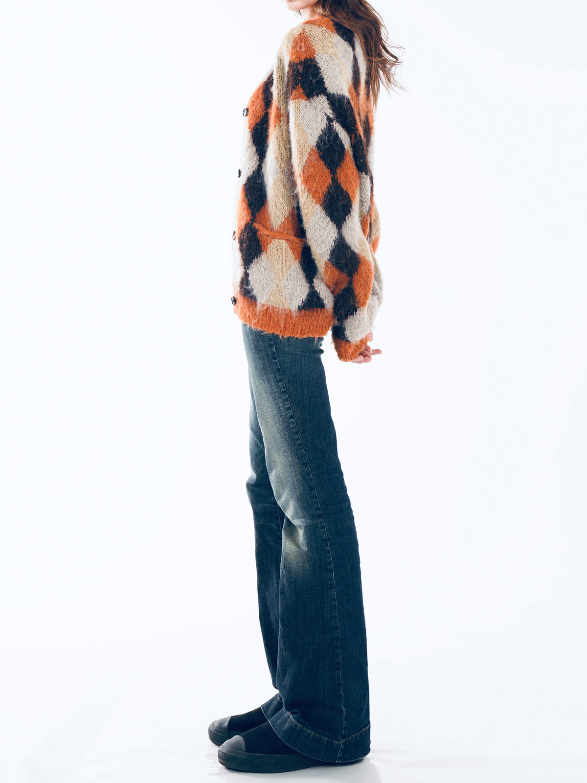 V-neck Argyle Knit Cardigan - Orange