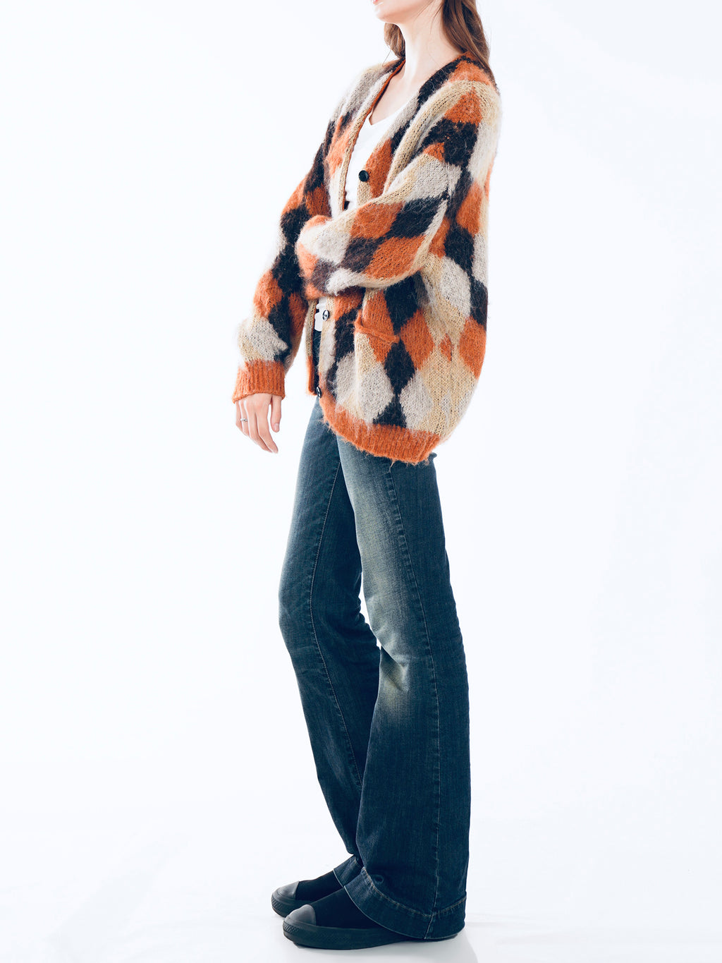 V-neck Argyle Knit Cardigan - Orange