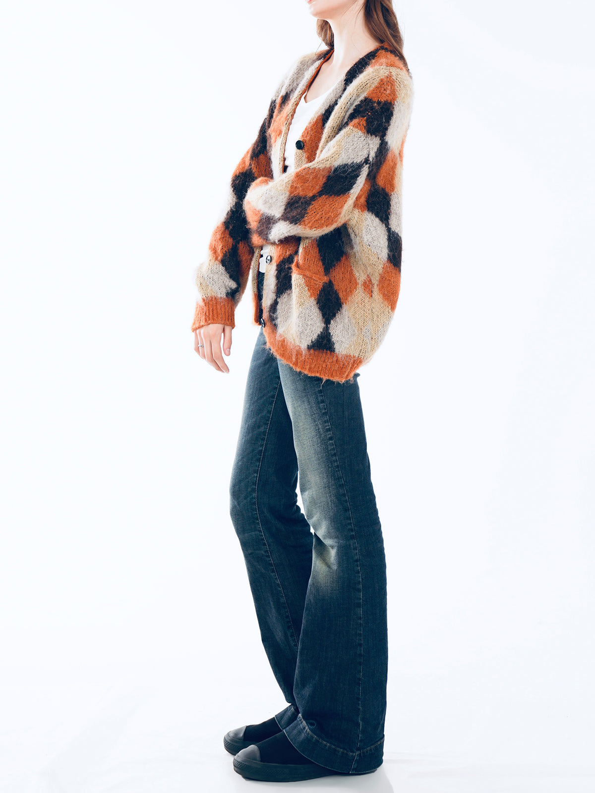 V-neck Argyle Knit Cardigan - Orange