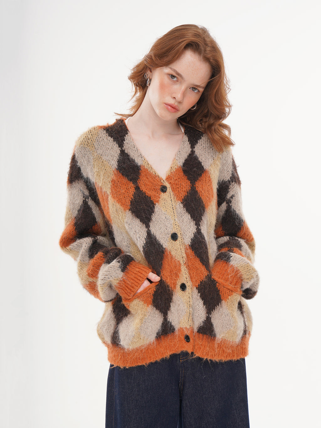 V-neck Argyle Knit Cardigan - Orange
