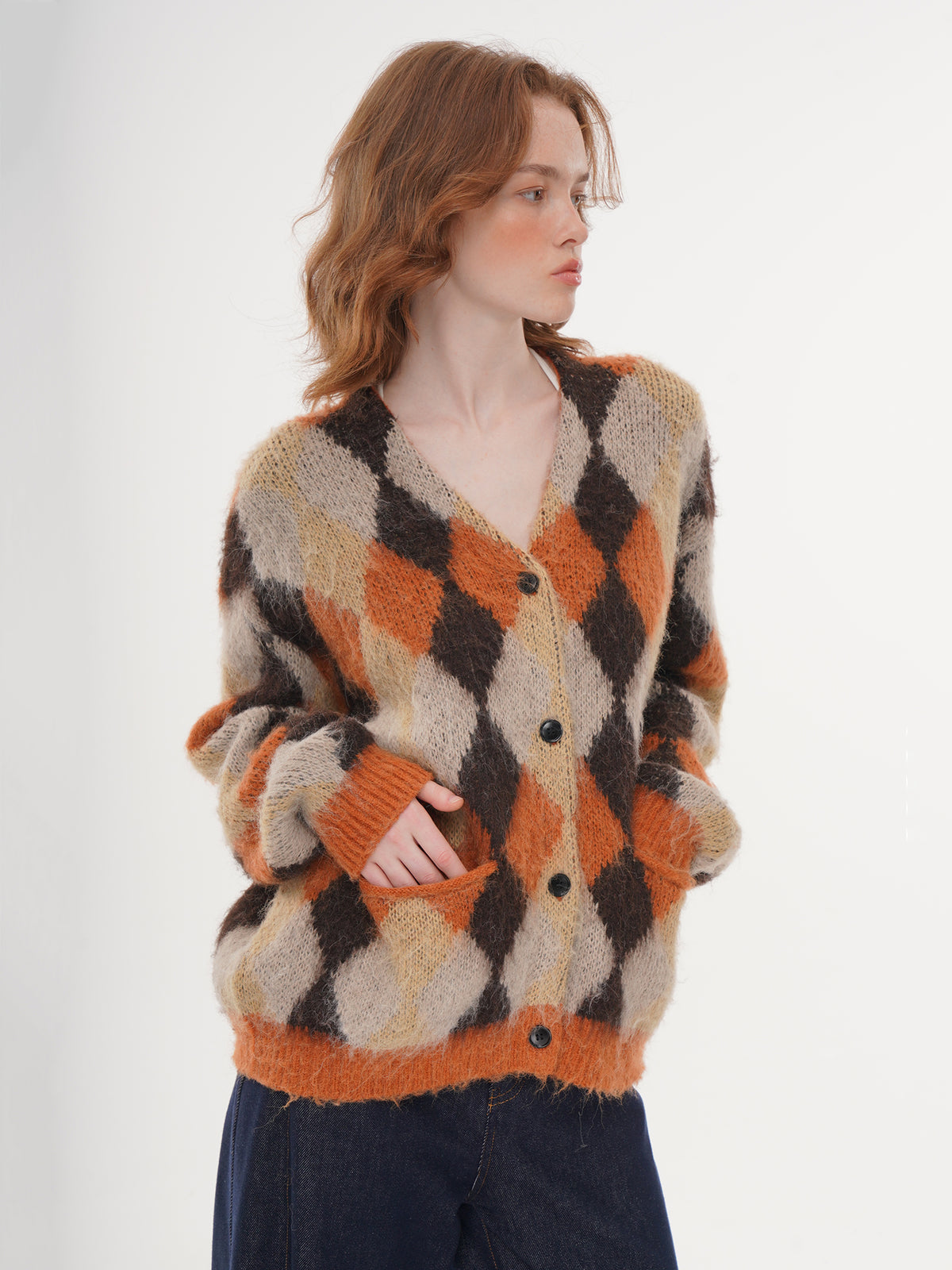V-neck Argyle Knit Cardigan - Orange