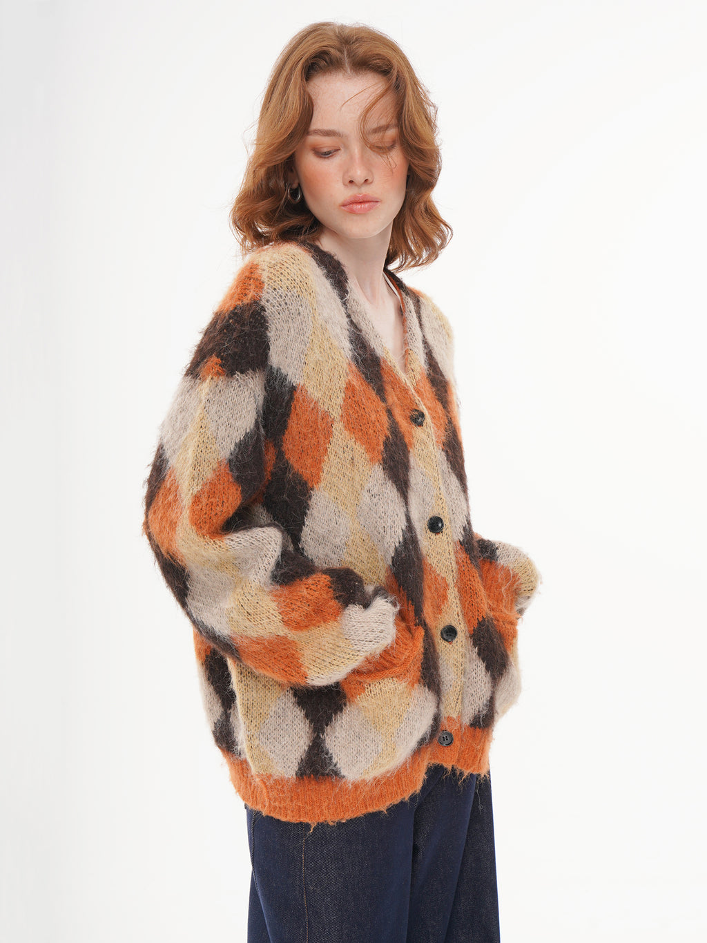 V-neck Argyle Knit Cardigan - Orange