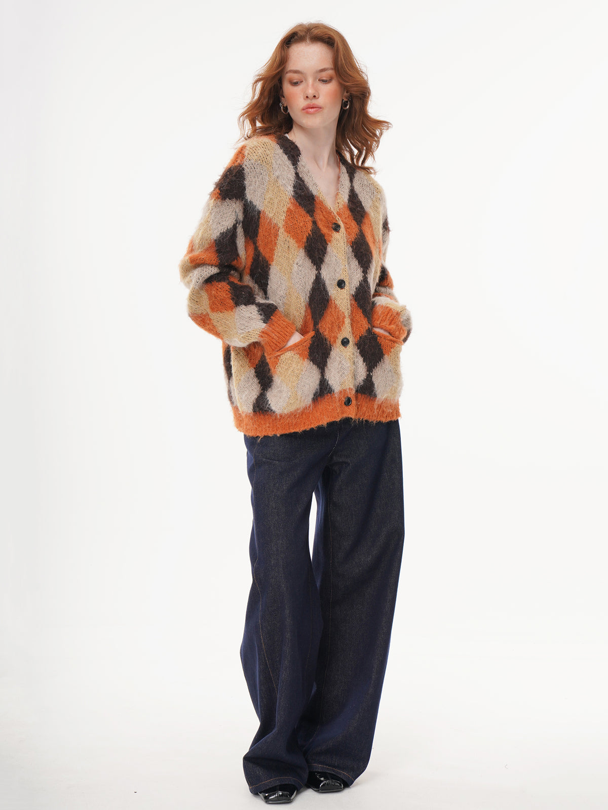 V-neck Argyle Knit Cardigan - Orange