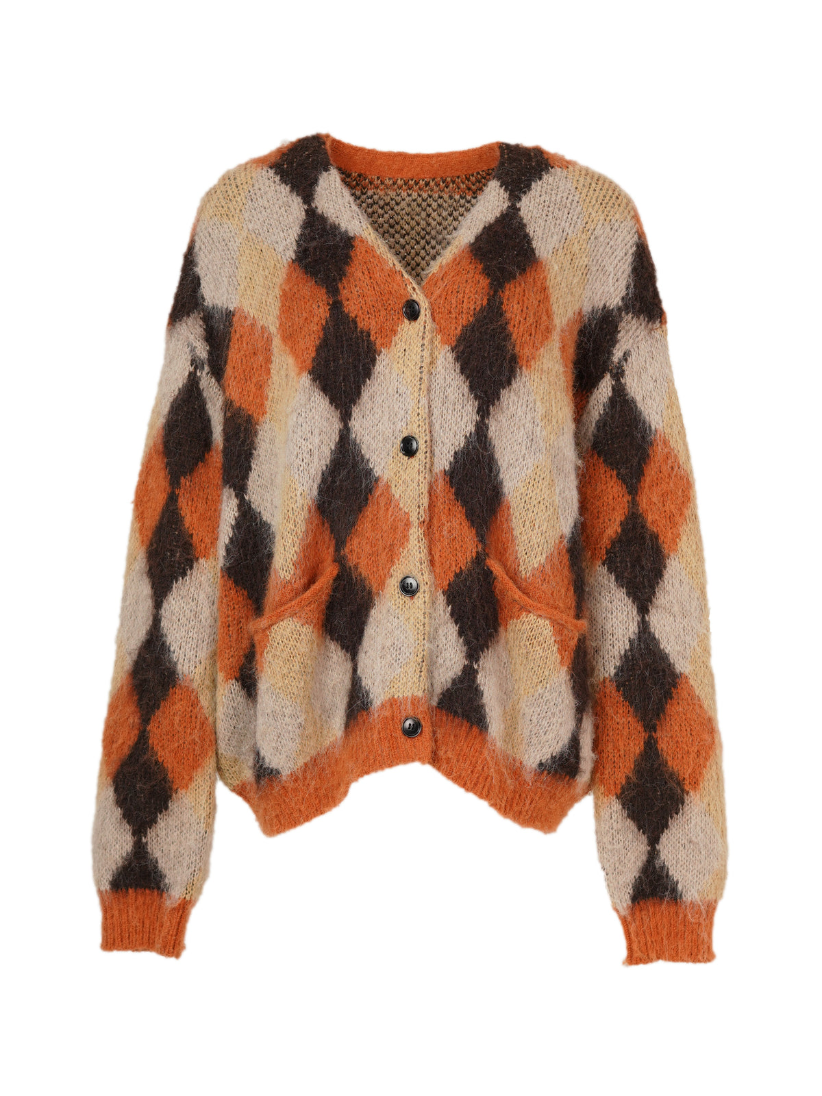 V-neck Argyle Knit Cardigan - Orange
