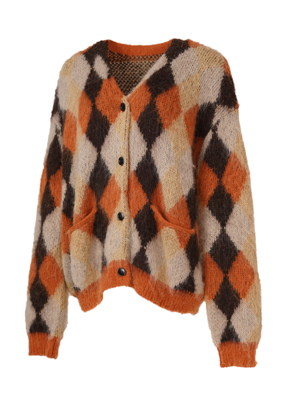 V-neck Argyle Knit Cardigan - Orange