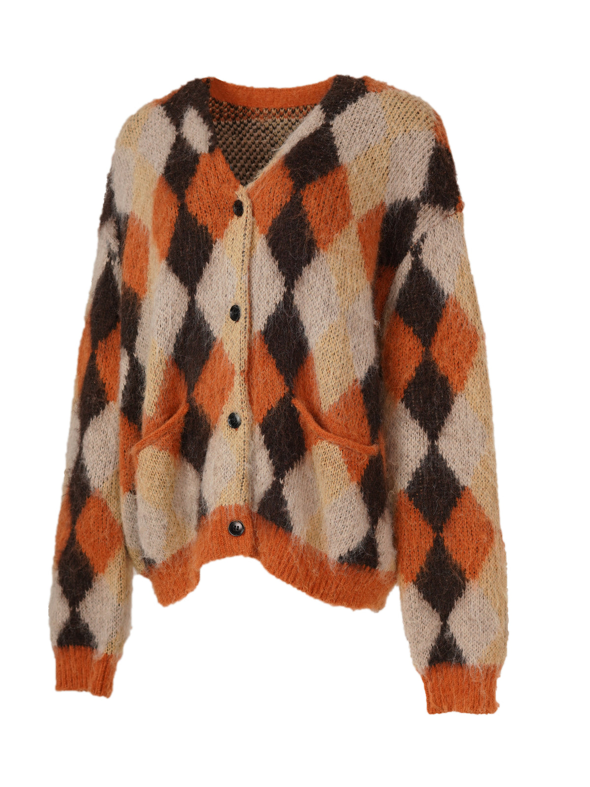 V-neck Argyle Knit Cardigan - Orange
