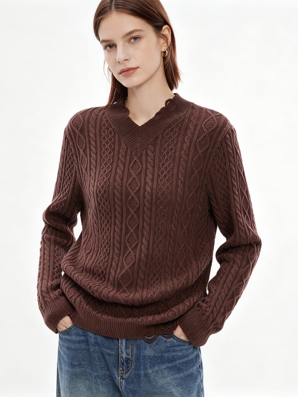 V-Neck Cable Knit Sweater - Cocoa