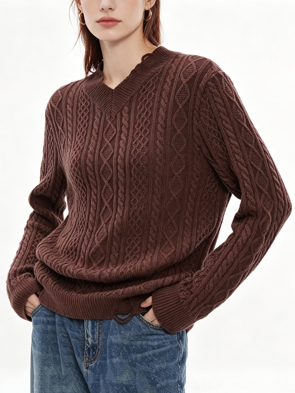 V-Neck Cable Knit Sweater - Cocoa