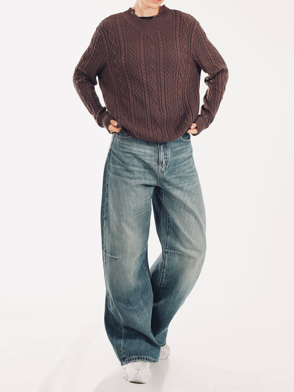 V-Neck Cable Knit Sweater - Cocoa