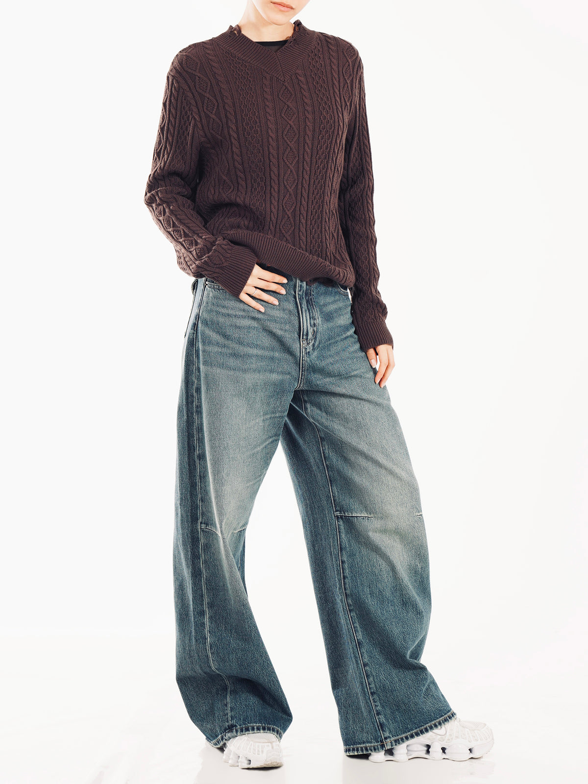 V-Neck Cable Knit Sweater - Cocoa