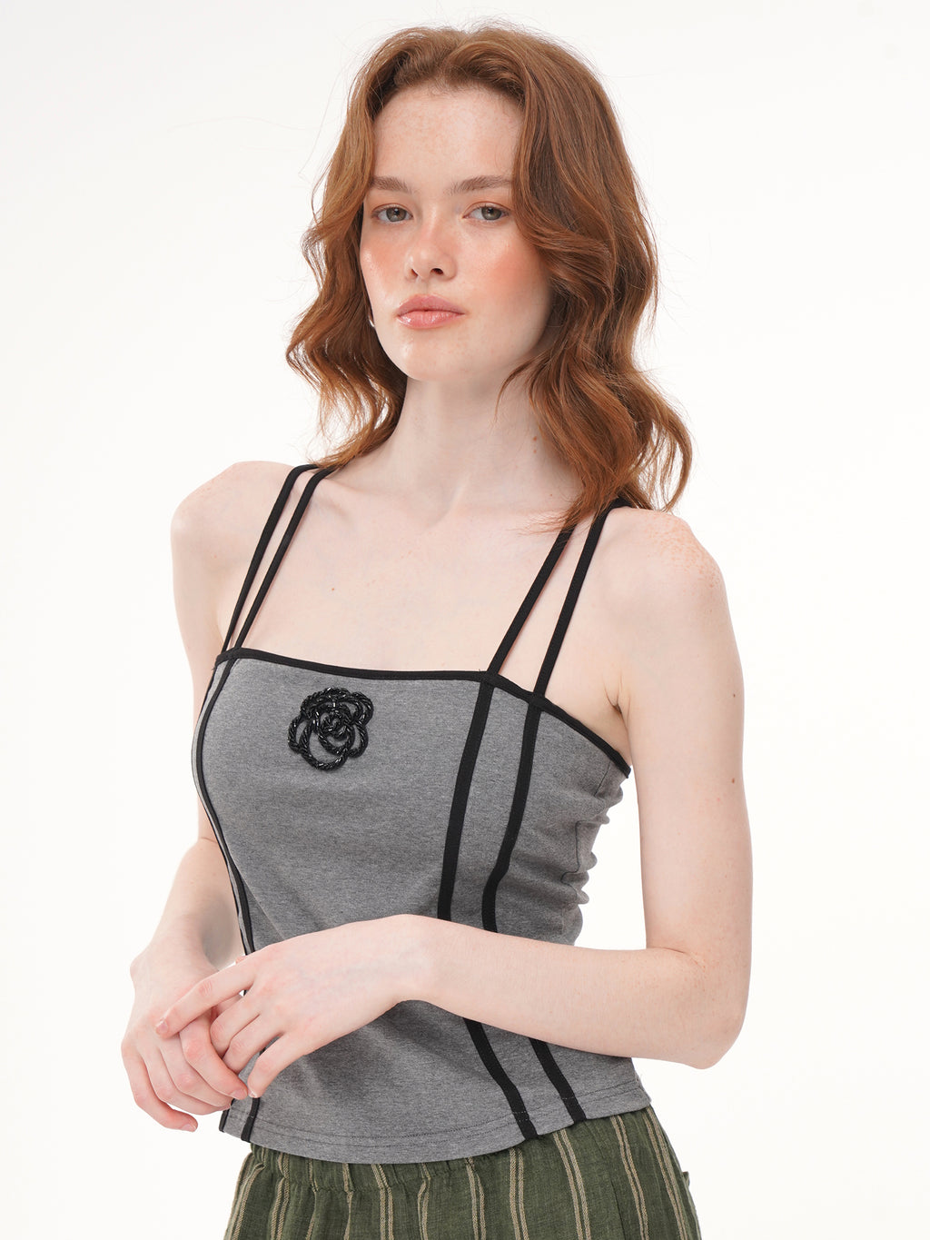 Grey Double Spaghetti Strap Cami Top, Square Neck Contrast Piping Floral Applique Fitted Tank Top