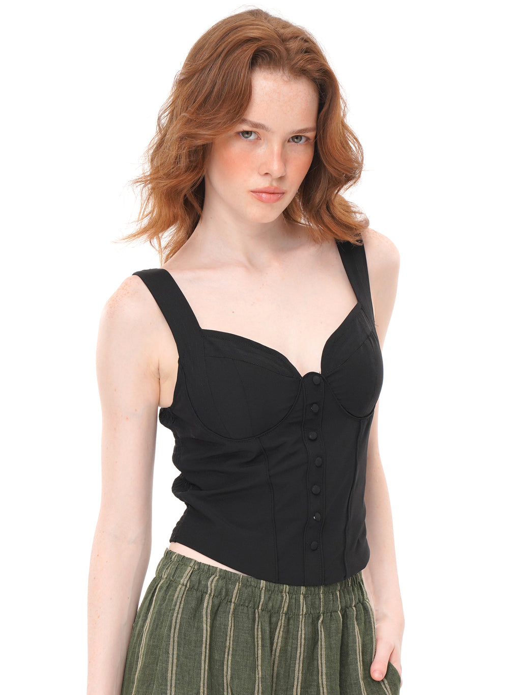 Black Sweetheart Neck Corset Cami Top, Wide Strap Front Button Ruched Bustier Crop Top