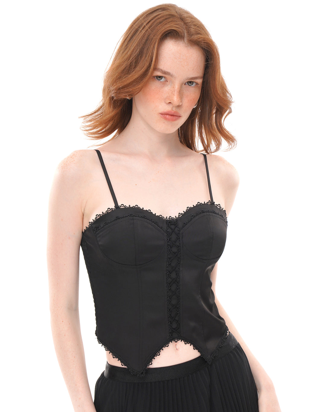 Black Satin Lace Trim Corset Cami Top, Sweetheart Neck Front Lace-Up Irregular Pointed Hem