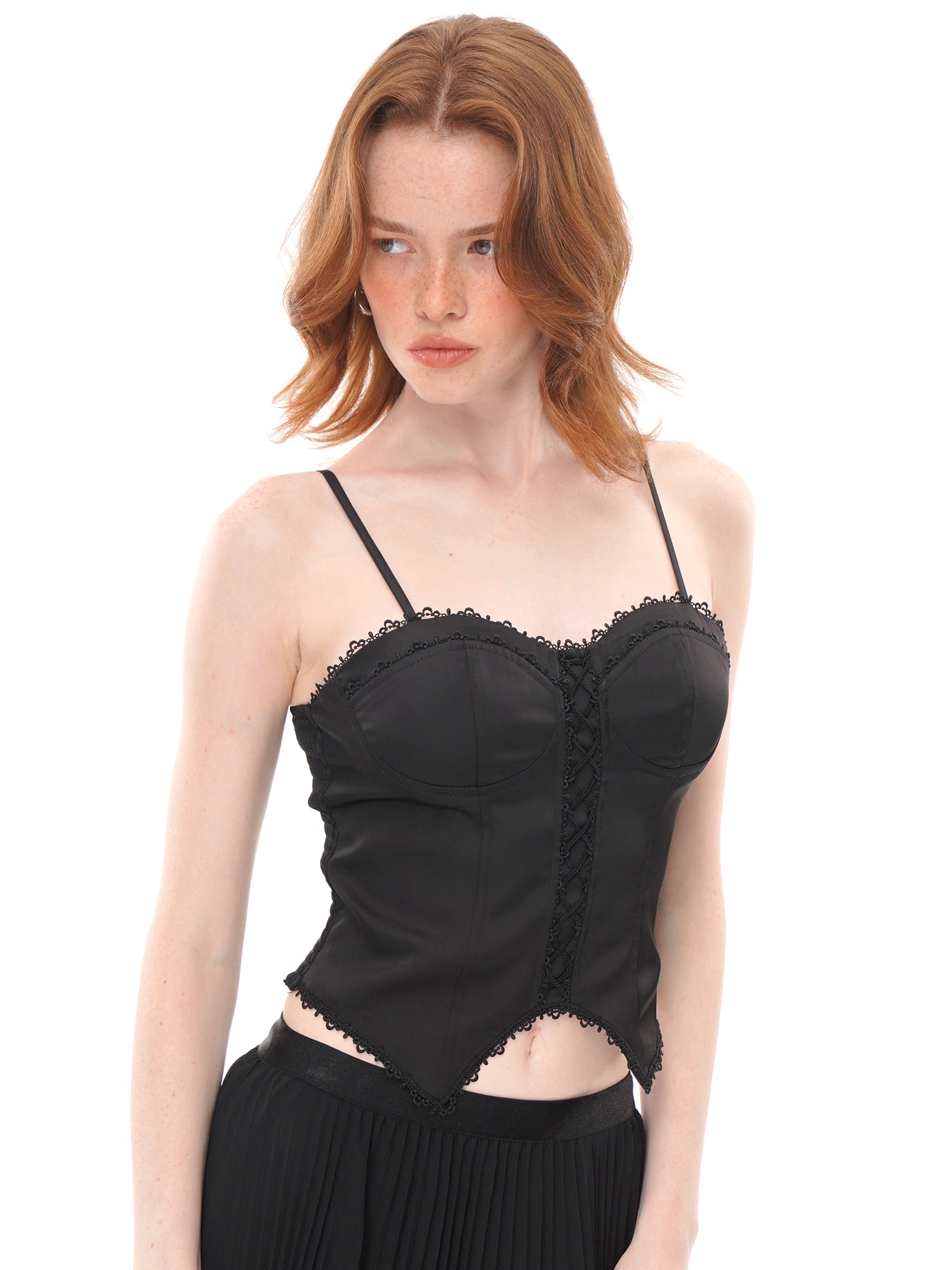 Black Satin Lace Trim Corset Cami Top, Sweetheart Neck Front Lace-Up Irregular Pointed Hem