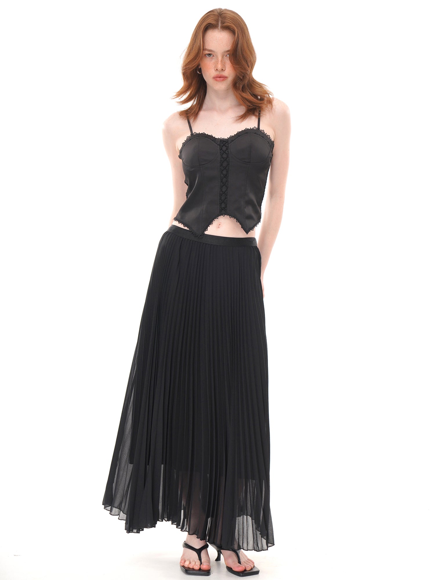 Black Satin Lace Trim Corset Cami Top, Sweetheart Neck Front Lace-Up Irregular Pointed Hem
