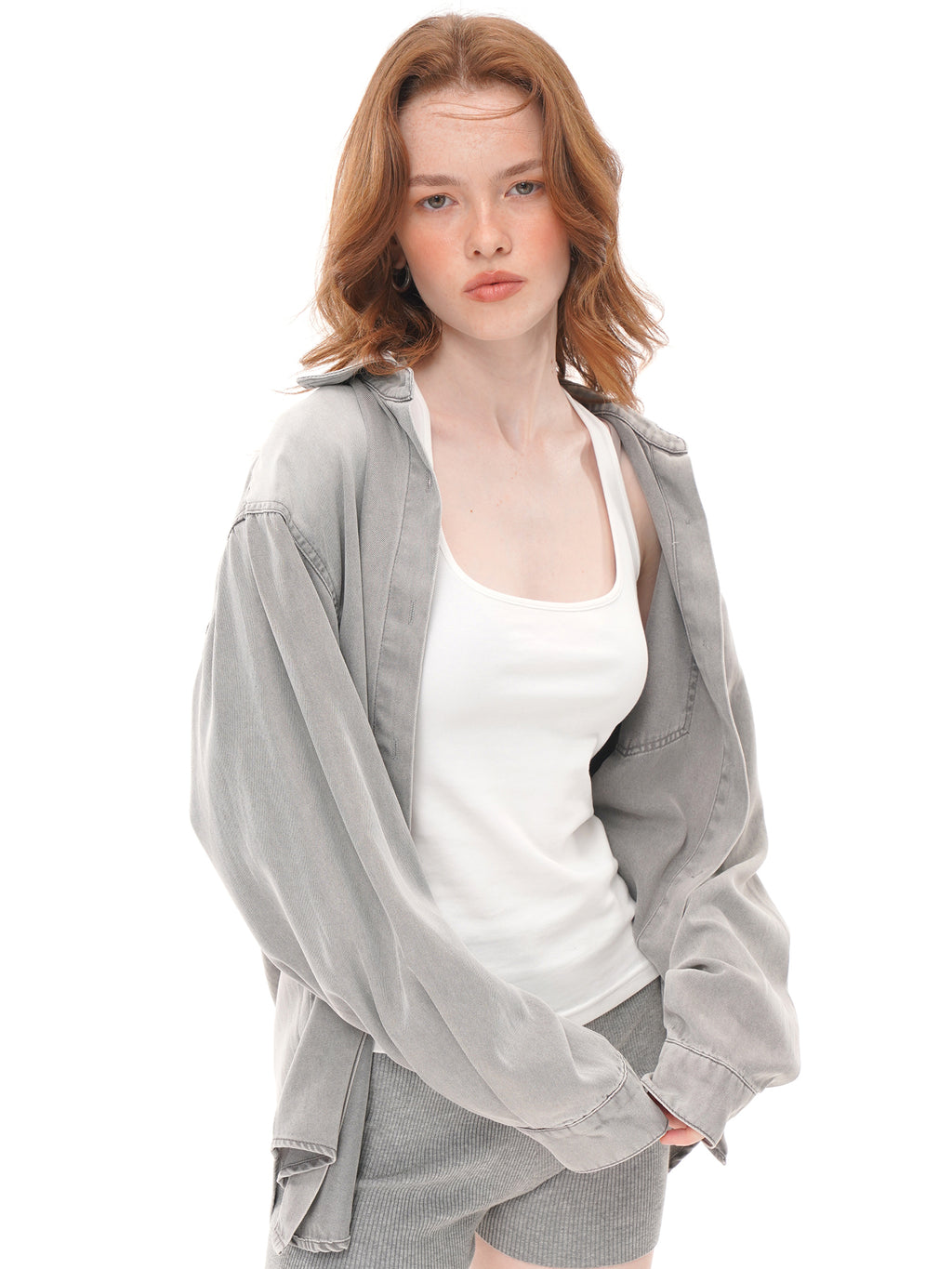 3 Colors Oversized Grey Button Down Shirt Jacket, Loose Long Sleeve Collared Shacket