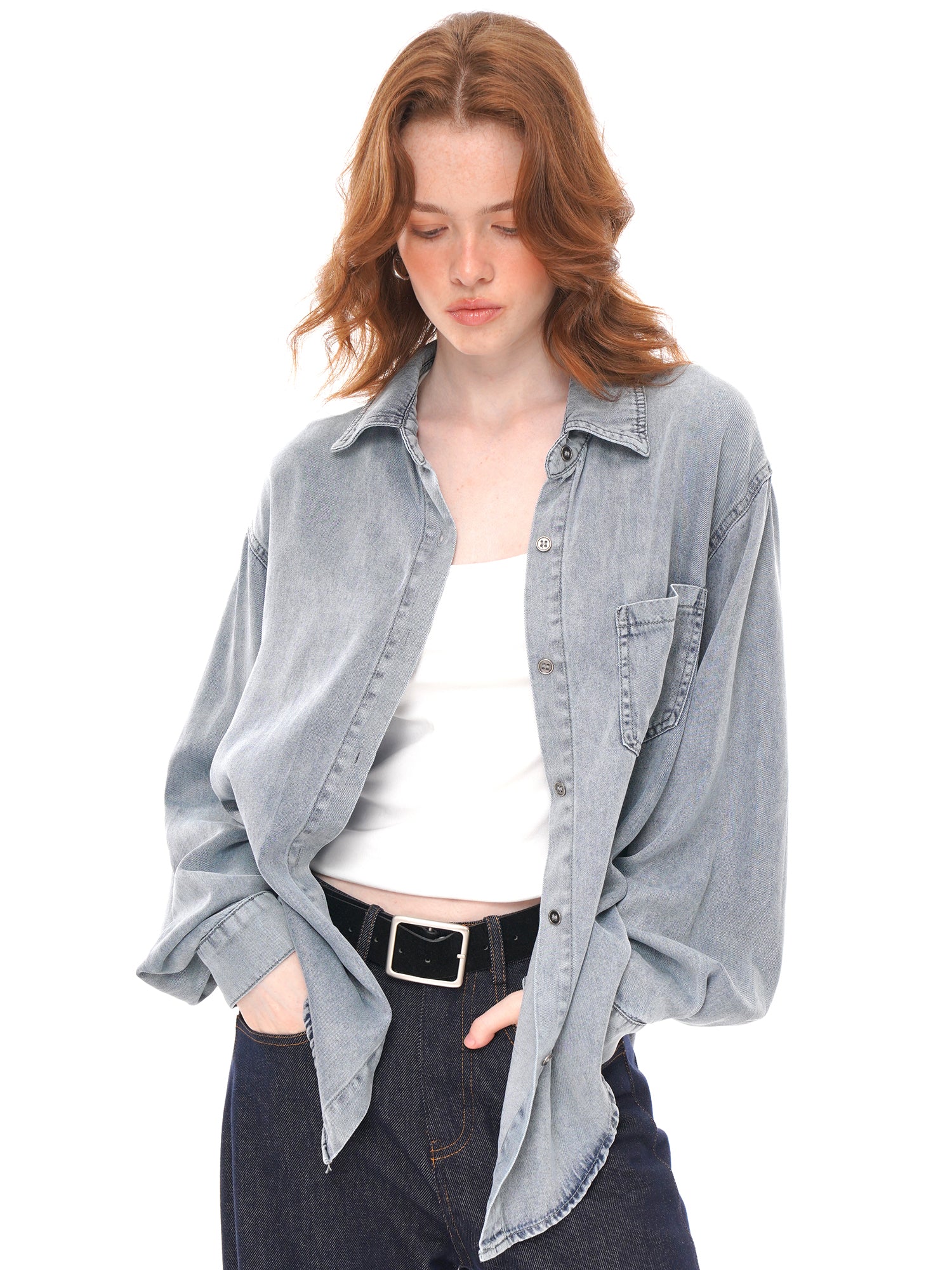3 Colors Oversized Grey Button Down Shirt Jacket, Loose Long Sleeve Collared Shacket
