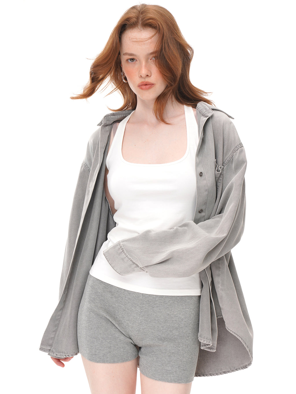 3 Colors Oversized Grey Button Down Shirt Jacket, Loose Long Sleeve Collared Shacket