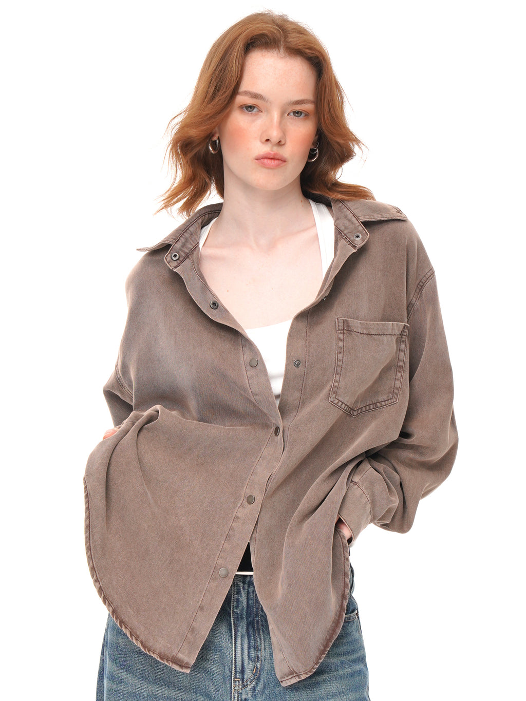 3 Colors Oversized Grey Button Down Shirt Jacket, Loose Long Sleeve Collared Shacket